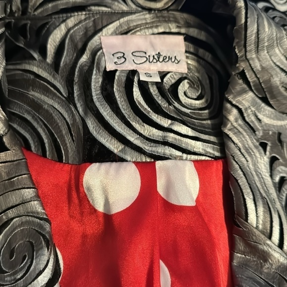 3 Sisters art deco circles print velvet swing blazer coat red polka dot lining S - Picture 7 of 10